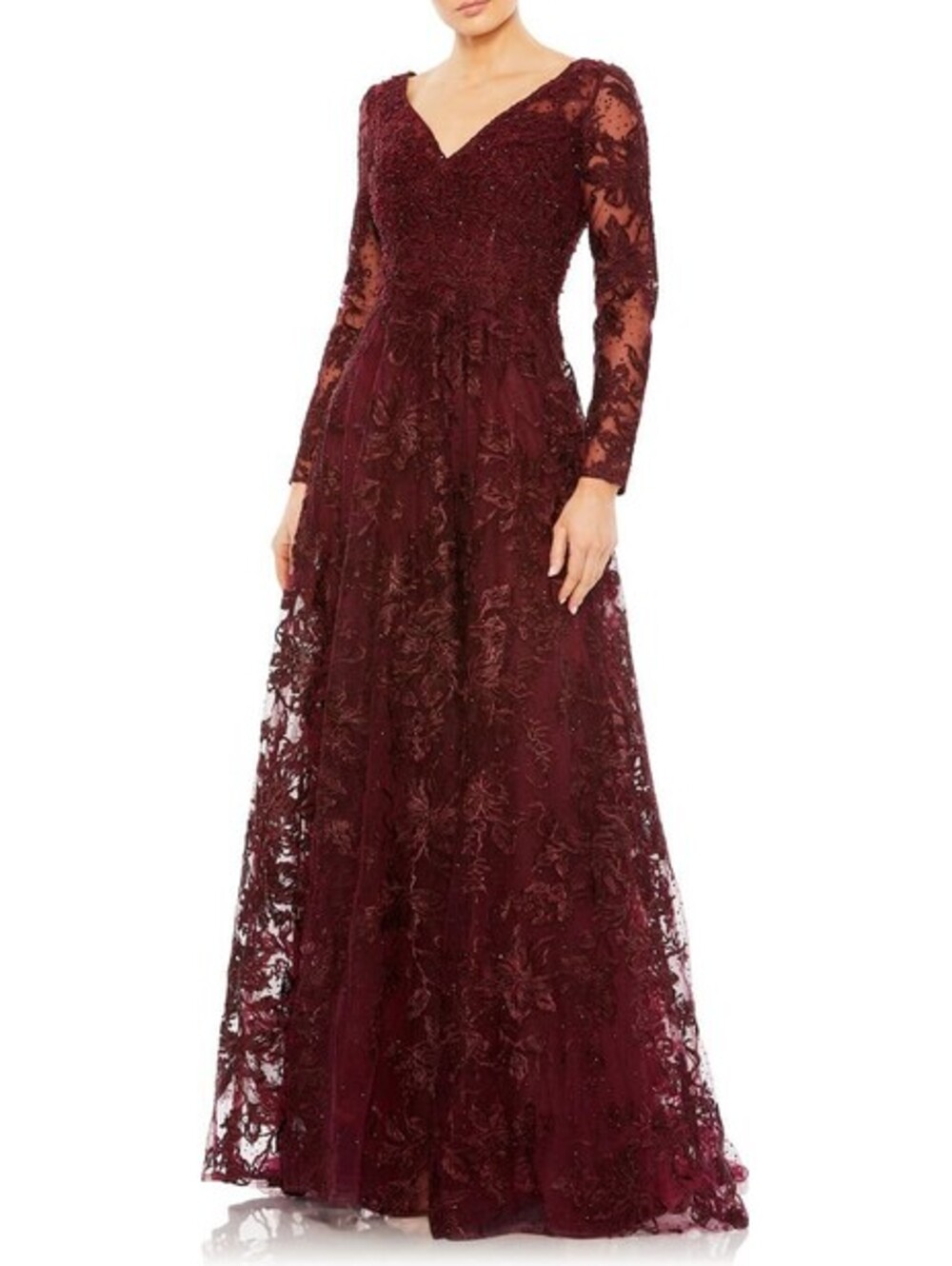 New Mac Duggal Beaded Floral Embroidered Long Sleeve A-Line Gown Mahogany Sz 16